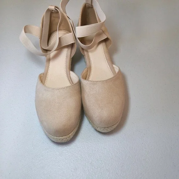 Womens Espadrille Wedge Flats Beige Ankle Strap Round Toe Casual Shoes Size 39 - Picture 3 of 5